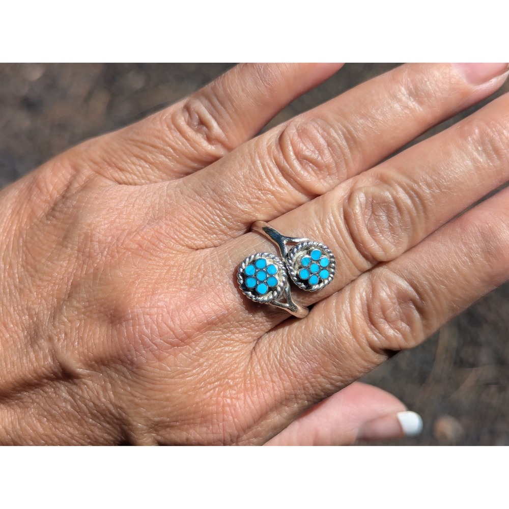 Zuni Flower Turquoise Bypass Ring Semi Adjustable NA Sterling Silver Sz 8.5US **